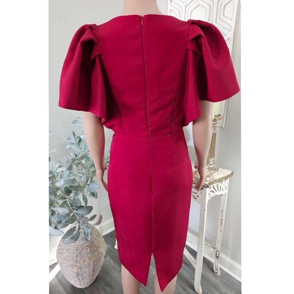 TS Couture Deep Red Ruffled Angel Sleeve Knee Length Sheath Dress - Picture 2 of 9